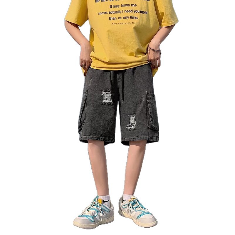 Verano hombre jeans corto coreano suelto super fuego agujero pantalones recto bf estilo de puerto pantalones de moda juvenil