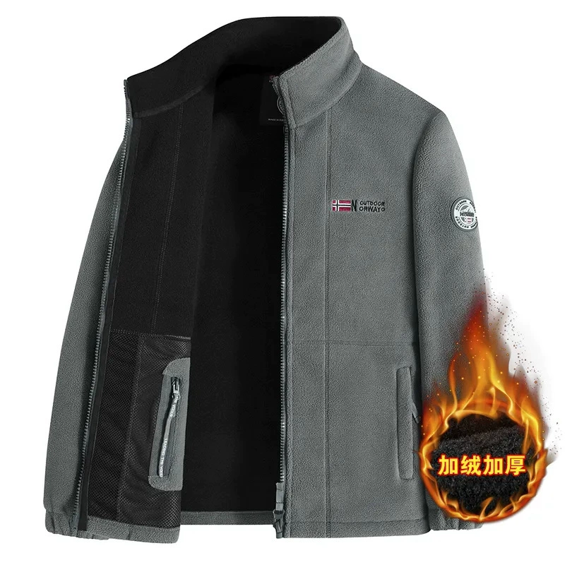Флис мужской осенний и зимний двухсторонний кашель-куртка бизнес-досуг открытый воротник плюс бархат утолщенные теплые зажимы