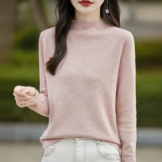 半高领打底衫女2026新款春秋雕花内搭针织上衣女装秋冬针织衫毛衣