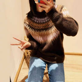 法式毛衣新款复古费尔岛提花马海毛针织衫圆领软糯毛衣秋冬打底衫