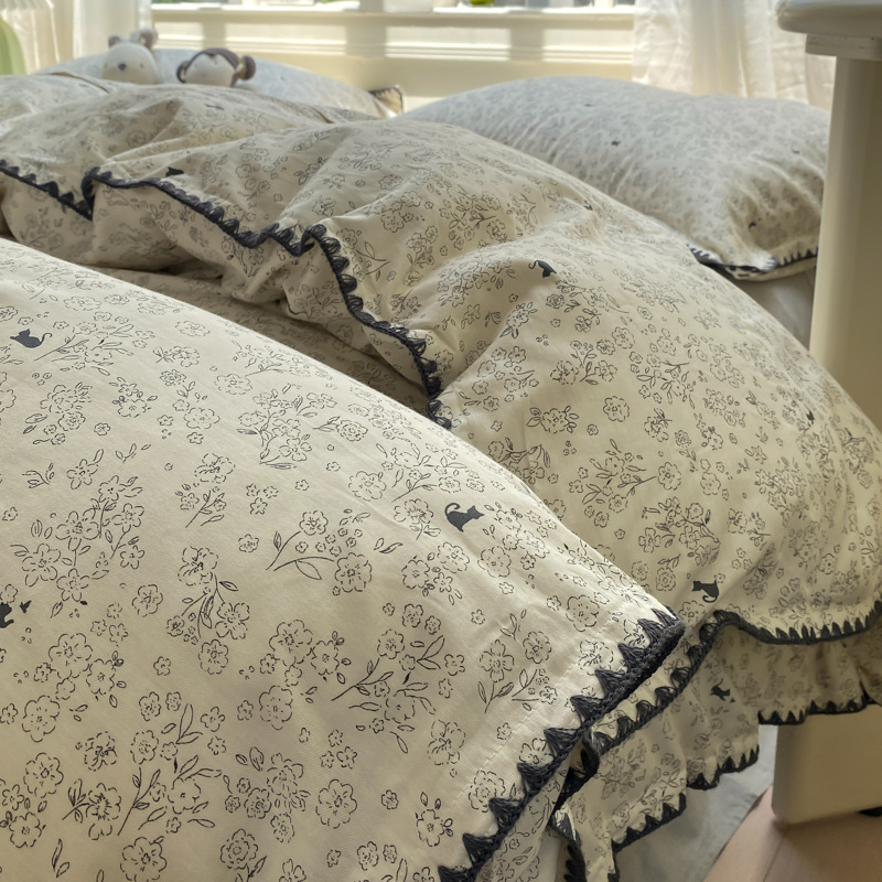 Retro Pure Cotton Brushed Bed Four-Piece Set 100 Cotton Thickeneded Shell Edge Quilt Cover Bed Sheets Single Autumn and Winter Bedding 4