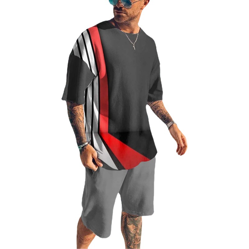 2023 verano europeo y americano de los hombres moda casual playa estilo textura Impresión digital manga corta pantalones cortos traje comercio exterior