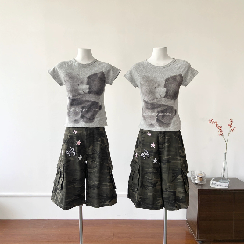 American-Style Trendy Brand Multi-Pocket Camouflage Cropped Pants for Women, Spring/Summer Style, Light Asian Style, Straight Wide-Leg Casual Work Shorts
