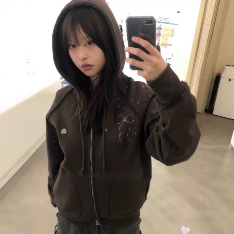 Korean Niche Trendy Brand Coy* Star Print Velvet Sweatshirt 25 Autumn and Winter Bow Hooded Cardigan Women's Jacket