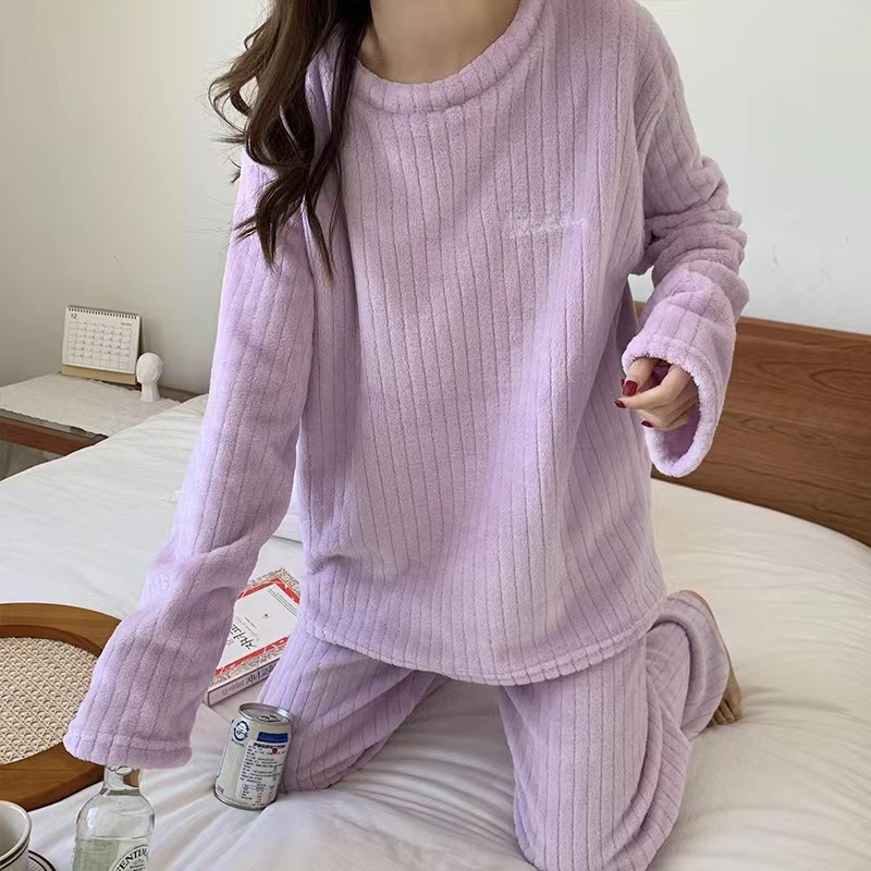 630g Weight Long Sleeve Sleeve Length Pajamas Lingerie Type Pullovers Placket Type Polyester Fabric Type Long Top Length Pants Sets Sets Type 2 Pieces Set Quantity Home Occasion Round Neck Neckline Warm Function Loose Fit Type Stripe, Solid Color Pattern Winter, Autumn Season Women's Gender Casual, Simple Style Style Autumn And Winter New Crescent City Warm Suit Casual Homewear Internet Celebrity Coral Fleece Thick Thermal Pajamas 24