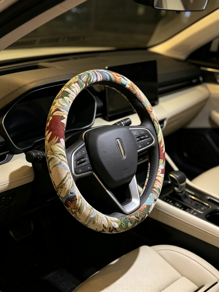 Summer Steering Wheel Cover, Breathable Cotton and Linen, Retro Oil Painting, National Trend, Men's and Women's Style, Universal for All Seasons, Car Handlebar Cover, Protective Cover