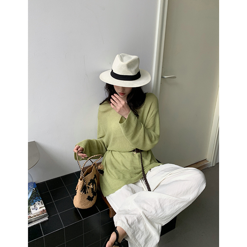 Baishiwang Lightweight Tencel Linen Breathable Hazy Sunscreen Air Blouse Long Sleeve Pullover Sweater Female Spring