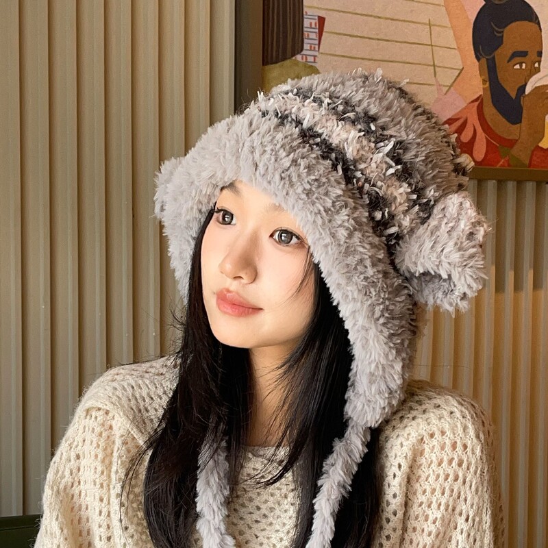 韩版毛绒小羊耳朵雷锋帽子女新款秋冬防风护耳保暖毛绒帽休闲冷帽|undefined
