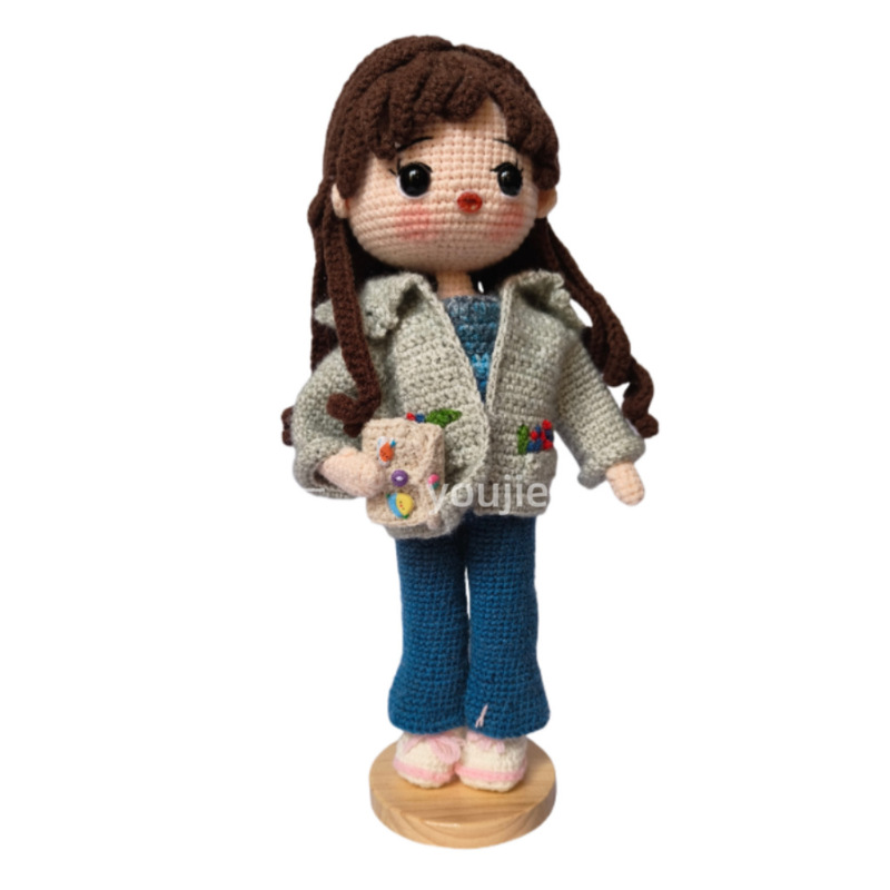 Wool Hand-Knitted Girl Doll Jeans Jacket Finished Crochet Standing Cute Ornaments