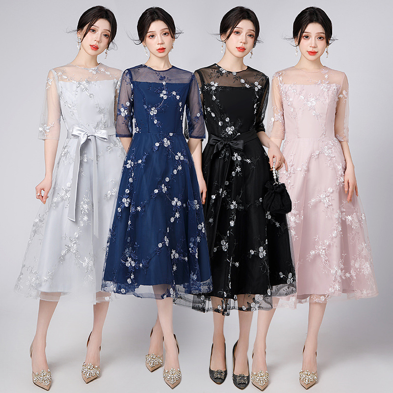Evening Dress Lace 2026 New Floral Mid-Length Mesh Round Neck Aliexpress Independent Site Petite Dress