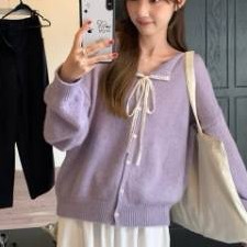 KANING韩系系带蕾丝翻领毛衣小外套女秋新款纯色百搭软糯针织开衫|undefined