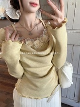 2025新韩系chic重工刺绣花朵假两件上衣女秋冬新款气质显瘦打底衫