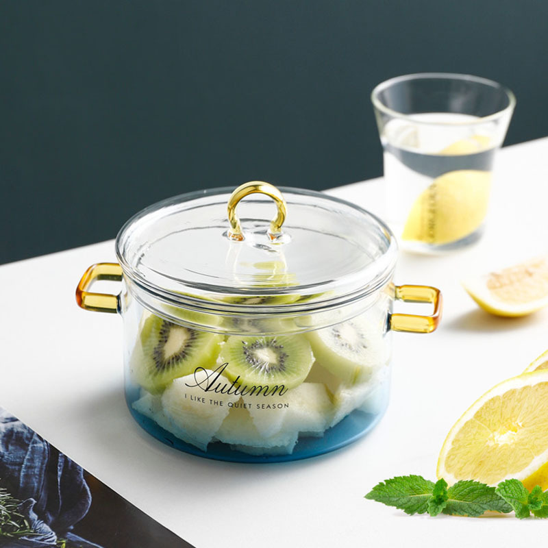 Gradiente tazón de vidrio con tapa de doble oído transparente tazón de fideos instantáneos cocina hogar de gran capacidad de vidrio de borosilicato sopa de leche olla
