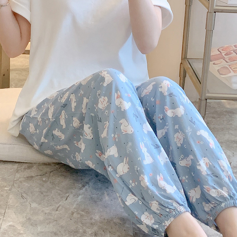 睡裤女夏季棉绸空调房长裤可外穿灯笼裤薄款人造棉宽松日系家居裤|undefined