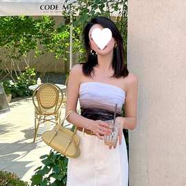 简约气质渐变印花上衣夏季收腰显瘦纯欲性感露肩百搭露背抹胸女士