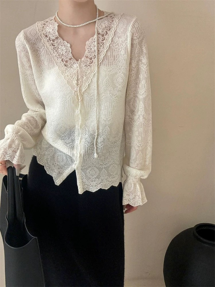 Mulberry Silk Burnt Flower Wool V Neck Puff Sleeve Cardigan 60kg Unique Product