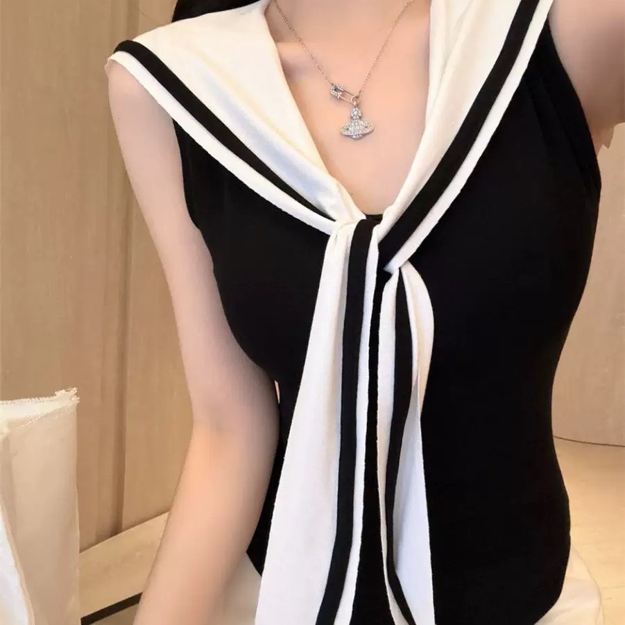 Pure Wind Sweet Hot Girl Navy corbata chaleco sin mangas mujer pequeña delgada y delgada con cojín de pecho hermosa espalda