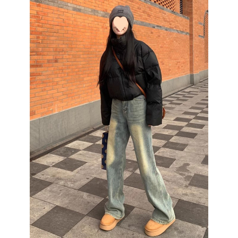 아메리칸 스타일 레트로 하이 스트리트 청바지 여성의 가을과 겨울 새로운 스타일 작은 스트레이트 바지는 오래 된 느슨한 넓은 다리 바지를 씻었습니다.