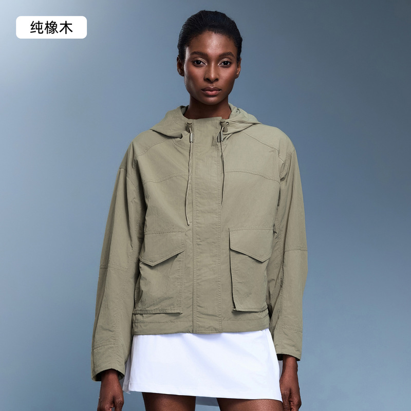 户外抽绳连帽短款风衣宽松透气大口袋运动登山服外套女秋季D25126|undefined