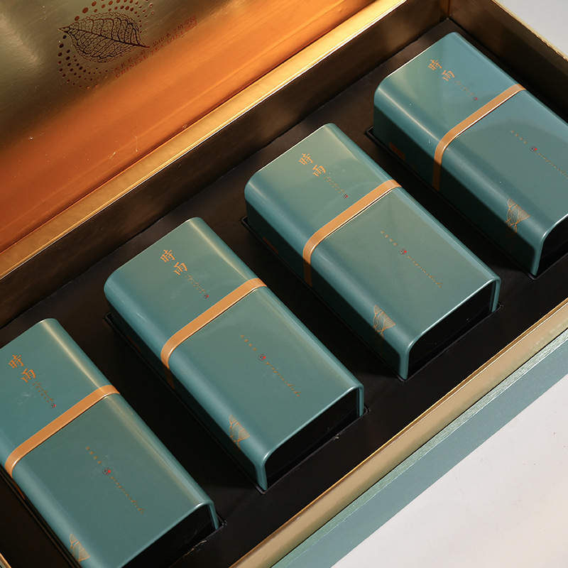 时雨茶叶礼盒空四合一烫金包装方形马口铁罐罐厂小包装礼赠