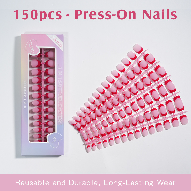 150 Pieces of French-Style Red and White Gradient Soft Gel Wearable Short Nail Tips Wholesale 150 Pieces of French-Style Red and White Gradient Soft Gel Wearable Short Nail Tips Wholesale