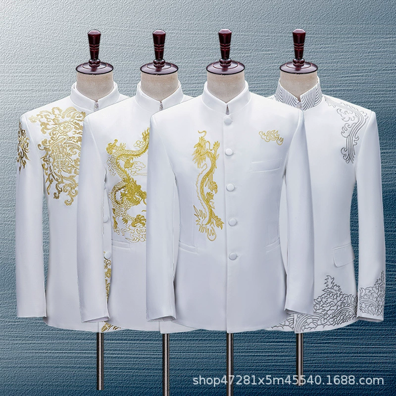 Белый костюм Мао с вышивкой, Мужская молодежная одежда для хоровых выступлений, костюм с китайским воротником, одежда для выступлений, мужской певец