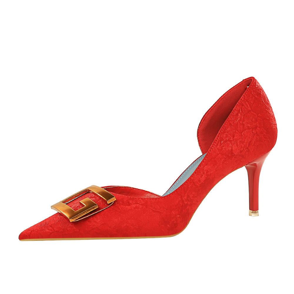 6168-A2 European And American Style Fashion Slimming Thin High Heel Shallow Mouth Side Hollow Metal Buckle Decorated_vogvips.com