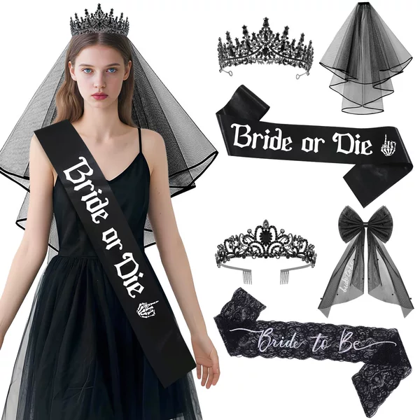 Cross-Border Halloween Ghost Bride 3-Piece Set Black Wedding Crown Veil Shoulder Strap Set Gothic Style Bachelor Party
