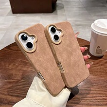 适用iphone16promax手机壳新款苹果14/13简约棕色贴皮12/15纯色xs