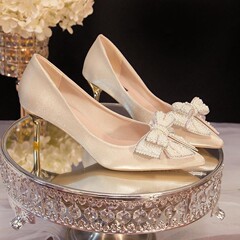 Butterfly knot French high heels women's shallow mouth thin sole pointed toe pearl single shoes 2024 spring and summer new water diamond wedding shoes