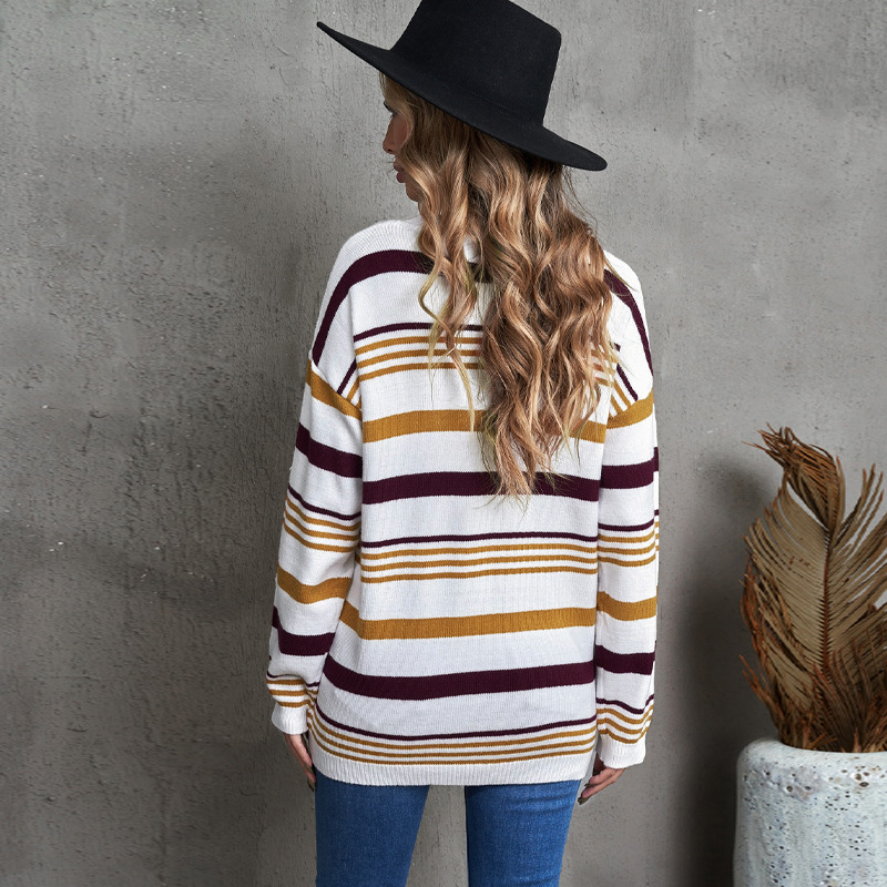 时颖跨境条纹毛衣女春秋新款落肩条纹宽松毛衣女圆领撞色针织衫女