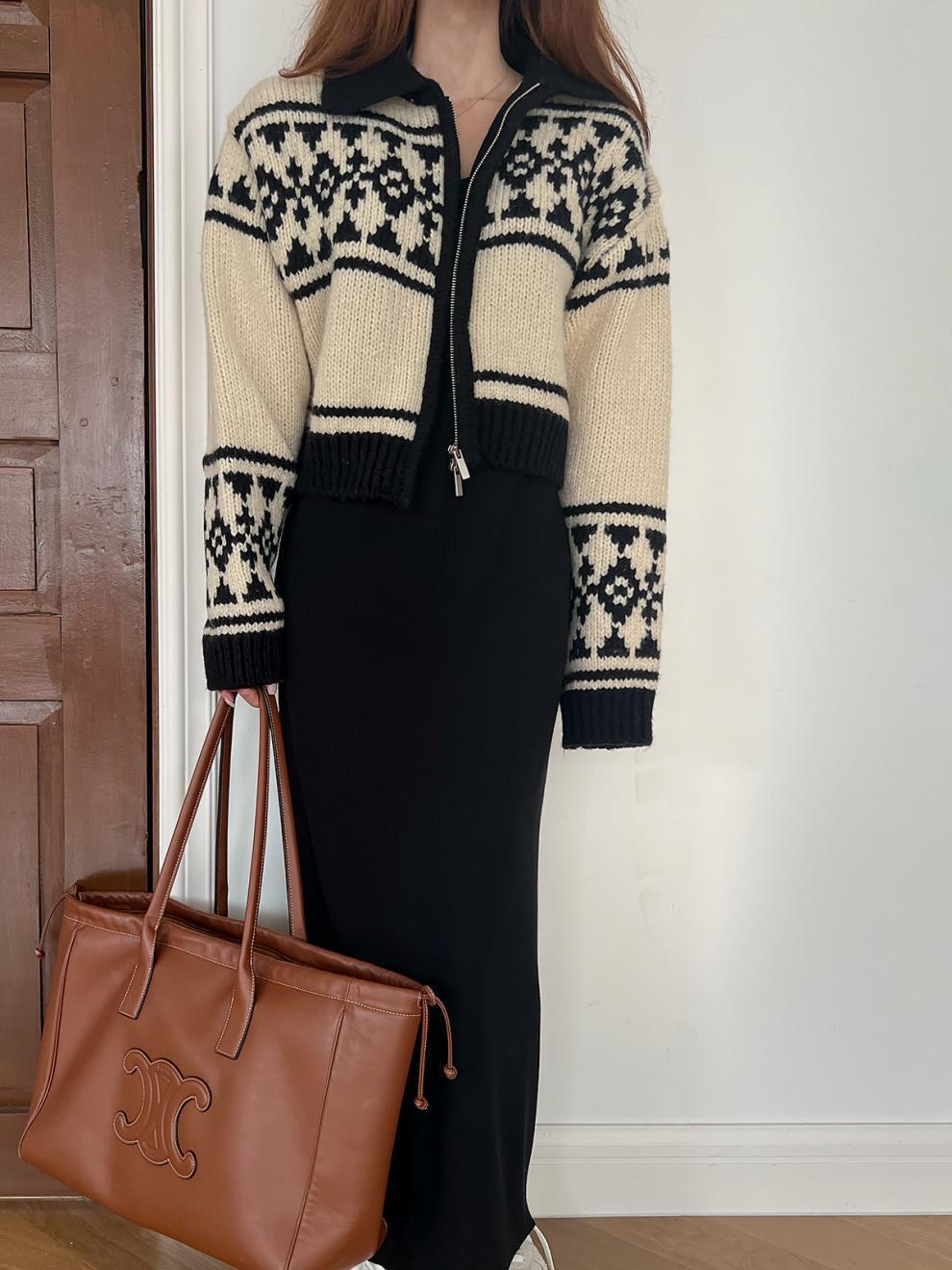 Suéter jacquard con cremallera de contraste de color para mujeres de Corea del Sur Dongdamen otoño y invierno nuevo estilo casual abrigo corto de viento para la moda image 3