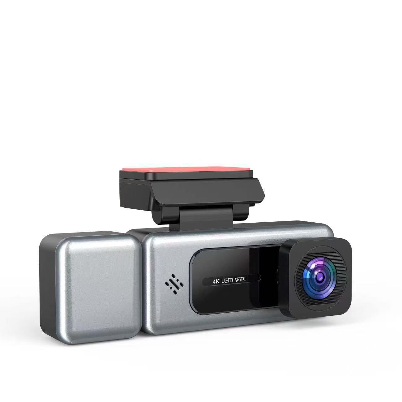 High-definition triple-camera dashcam with interior and exterior, front, rear, left, and right panoramic views, equipped with WiFi and in-car reversing camera