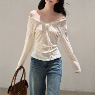 一颗小野莓V领蕾丝拼接长袖T恤女2025年秋季新款小众立花设计上衣
