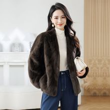 海宁真水貂毛皮草短款V领貂皮拼貂秋冬女外套皮毛一体