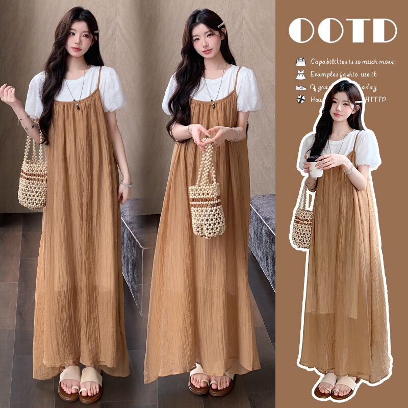 ◆ XMF Maternity Wear ◆ Not revealing~Elegant short-sleeved suspender dress for stylish pregnancy wear, summer dress set ◆ XMF Maternity Wear ◆ Not revealing~Elegant short-sleeved suspender dress for stylish pregnancy wear, summer dress set