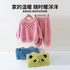 儿童睡衣套装法兰绒秋冬加绒加厚套头圆领宝宝卡通绣花家居服大童