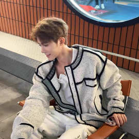 白色小香风夹克外套潮牌欧美街头cleanfit秋冬季圆领针织开衫毛衣