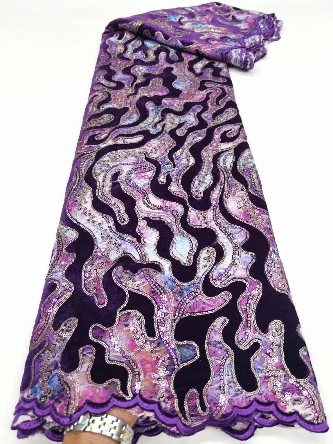 网纱底激光绒布欧美婚纱晚会礼服裙贴布复古亮片尼日利亚蕾丝面料