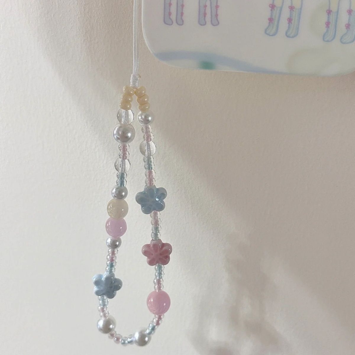 Cute ceramic blue and pink cherry blossom CCD camera lanyard, mobile phone chain, DIY instant high-end beaded accessory