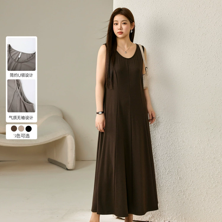 Сплошное шоу большой размер женской одежды темперамент случайный простой U-образный воротник тонкий без рукавов платье жирный mm2024 осенний новый