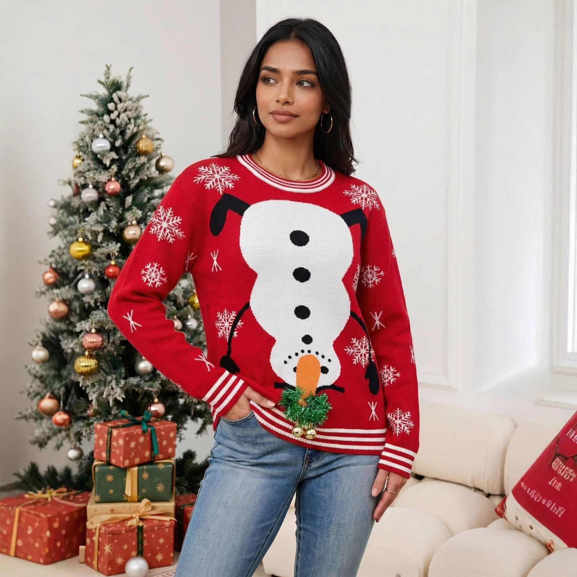 Christmas theme snowman knitted sweater three-dimensional bell bright silk stitching long-sleeved pullover sweater processing and customization