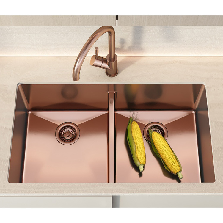 Stainless Steel Double Sink 304 Kitchen Pvd Surface Treatment Rose Gold Sink Pull-Out Under-Counter Dishwashing Sink