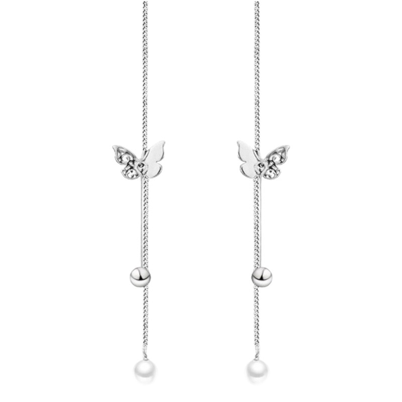 925 plata esterlina modificada cara oreja de plata esterlina línea chica mariposa borla perla pendientes temperamento pendientes largos