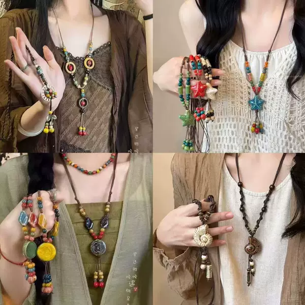 Retro Ethnic Style Ceramic Pendant Bohemian Style Design Long Necklace New Chinoiserie Accessories Autumn and Winter Sweater Chain