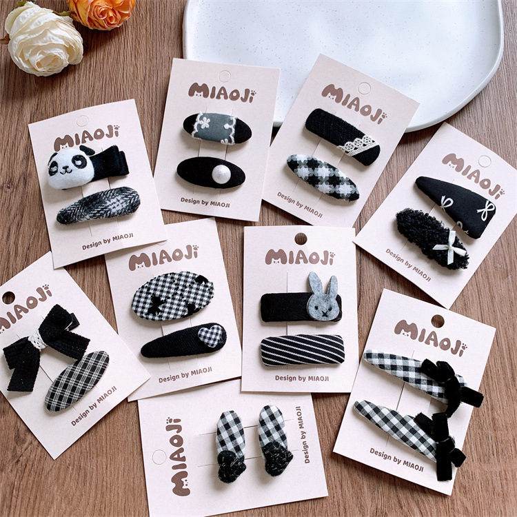 New black series fabric grid child hair clip sweet girl child forehead fringe small hair clip parent-child set hair accessory