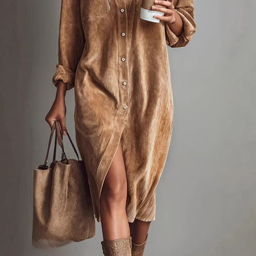 2025 new Amazon Xiyin Independence Station women's solid color corduroy long-sleeved lapel shirt loose long dress