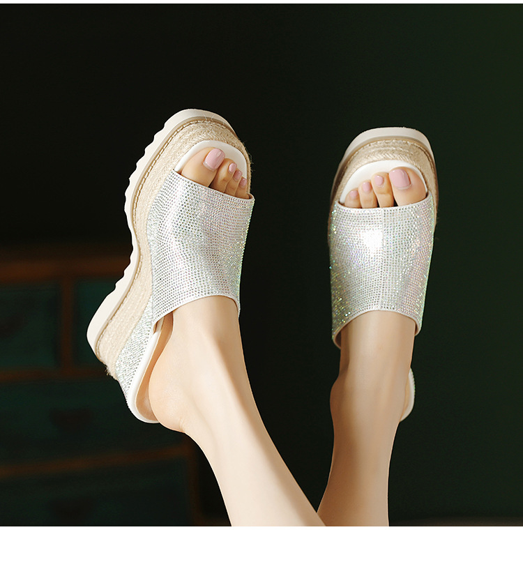 Sandal cao gót nữ đế xuồng đan rơm mũi hở đính đá — màu hồng nhạt, bạc chi tiết 8