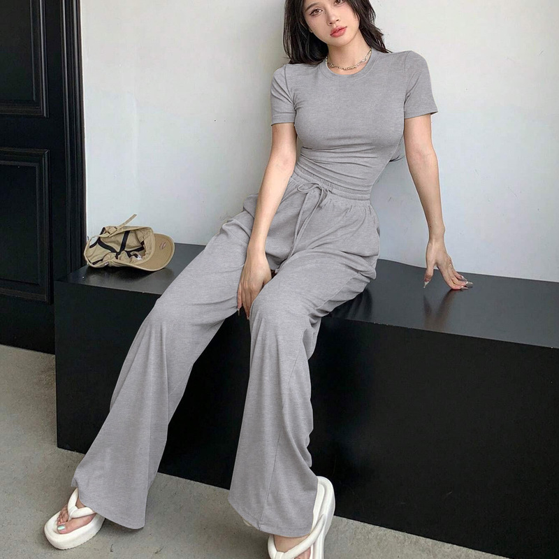 Cross-Border Women's Casual Slim-Fit Short-Sleeve Top and Versatile Loose Fashion Wide-Leg Pants Set for Petite Women
