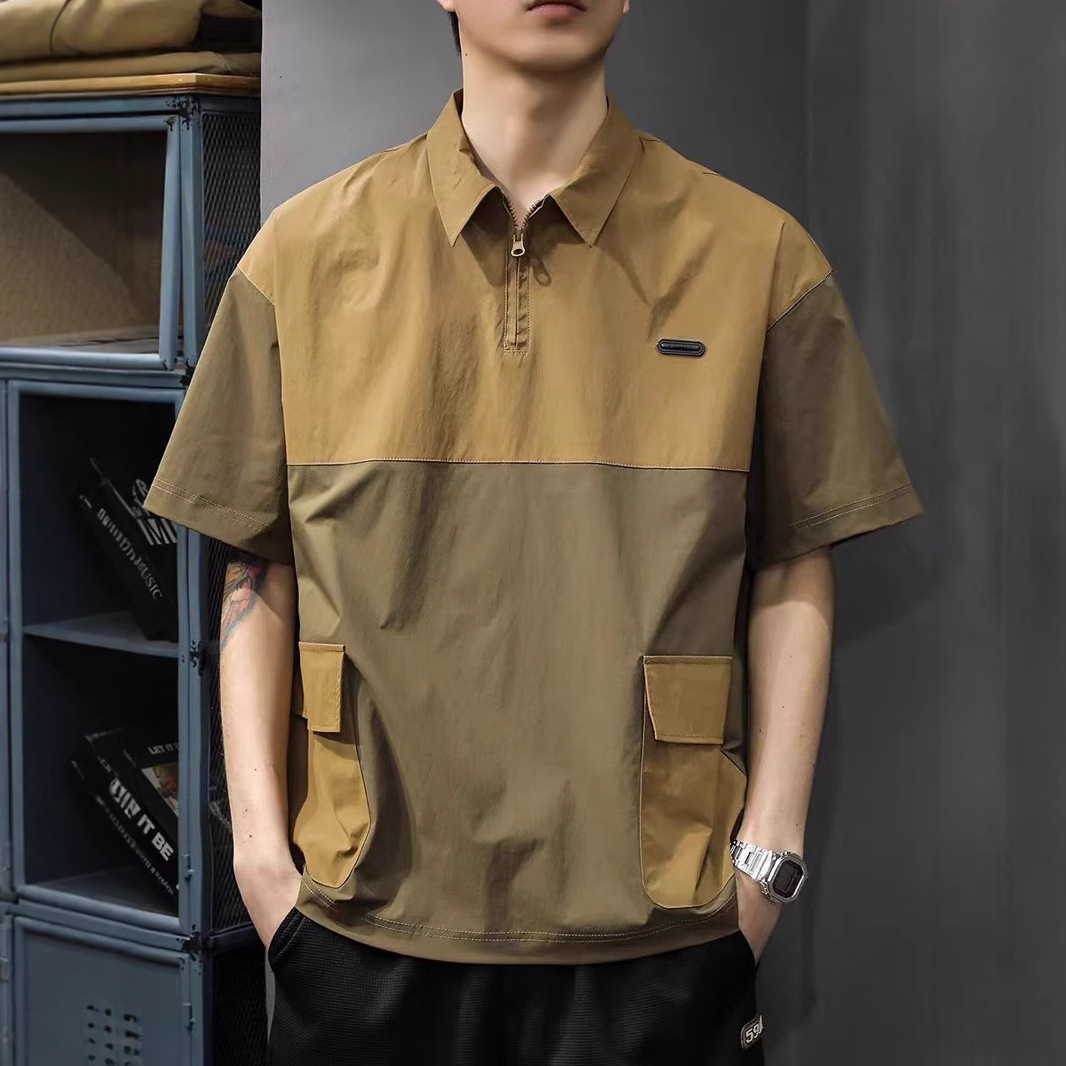 Two-Color Short-Sleeved Zipper Polo Shirt for Men in Summer Contrasting Color Multi-Flap Pocket Pants T-Shirt Quick-Drying Workwear Lapel Half-Sleeved Top
